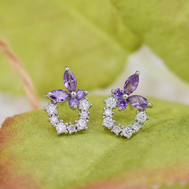 Chic amethyst cubic zircon butterfly circle copper studs earrings