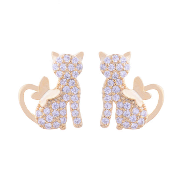 Delicate pave setting diamond cute kitty copper studs earrings