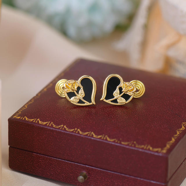 Vintage rose flower black heart copper studs earrings