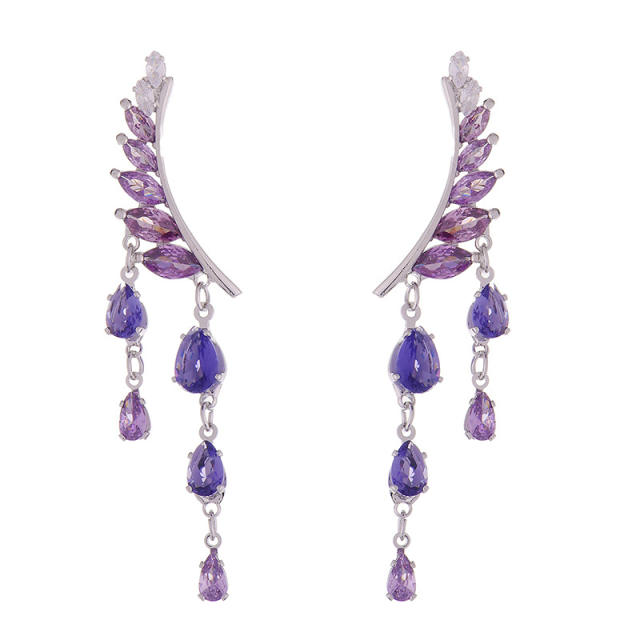 Elegant pink amethyst cubic zircon wing tassel copper earrings