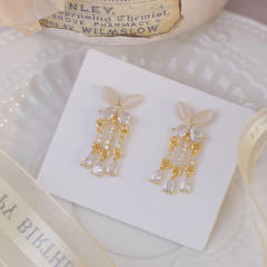 Delicate opal stone butterfly diamond tassel copper earrings