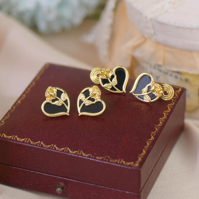 Vintage rose flower black heart copper studs earrings