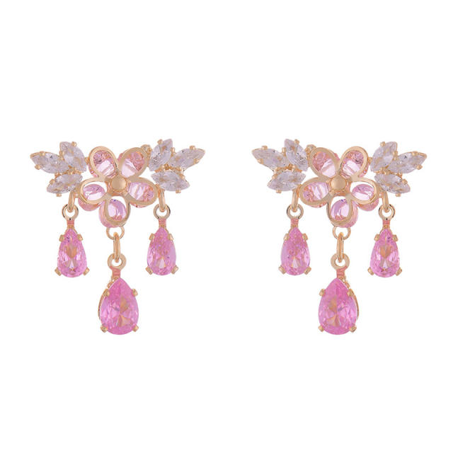 Delicate pink sapphire cubic zircon flower copper earrings