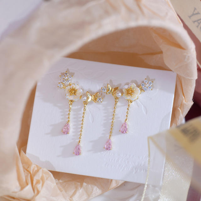 Delicate pink cubic zircon shell flower tassel copper earrings