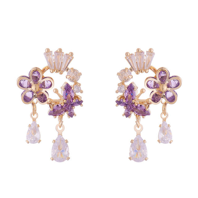 Delicate amethyst cubic zircon flower butterfly copper earrings