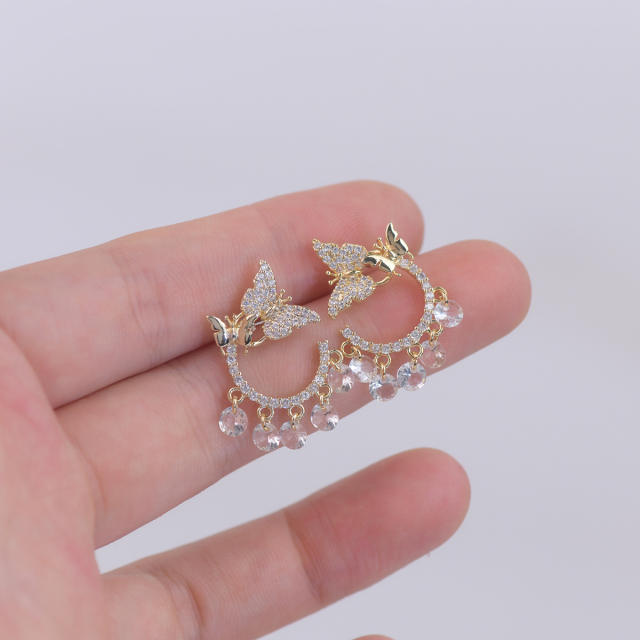 Delicate diamond butterfly circle shape tassel earrings