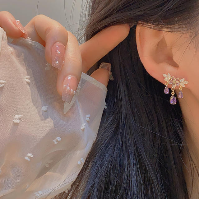Delicate pink sapphire cubic zircon flower copper earrings