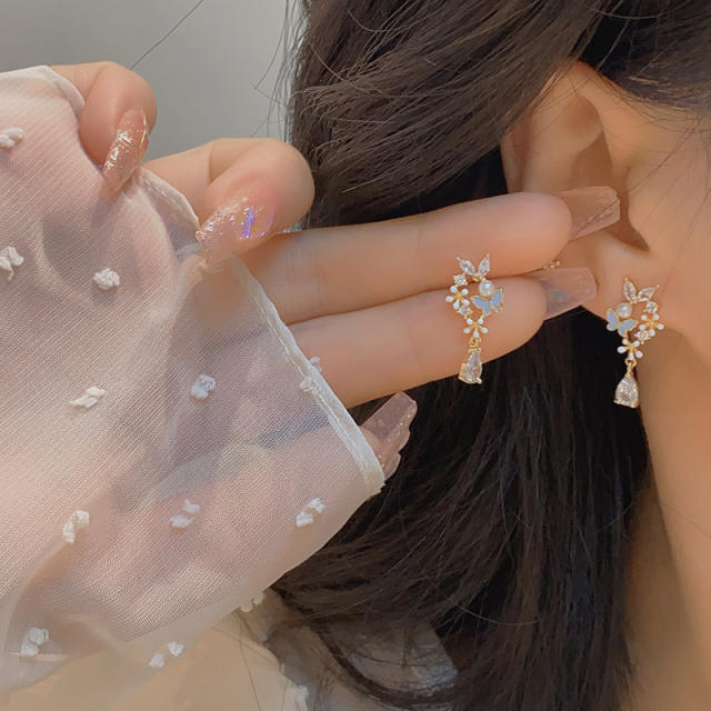 Elegant enamel flower butterfly cubic zircon drop earrings
