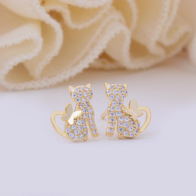 Delicate pave setting diamond cute kitty copper studs earrings