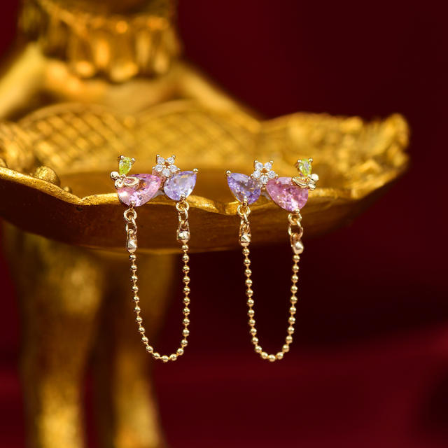 Creative colorful cubic zircon chain tassel copper earrings