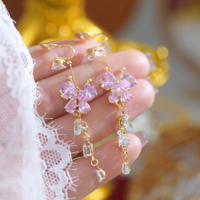 Delicate pink cubic zircon butterfly long earrings