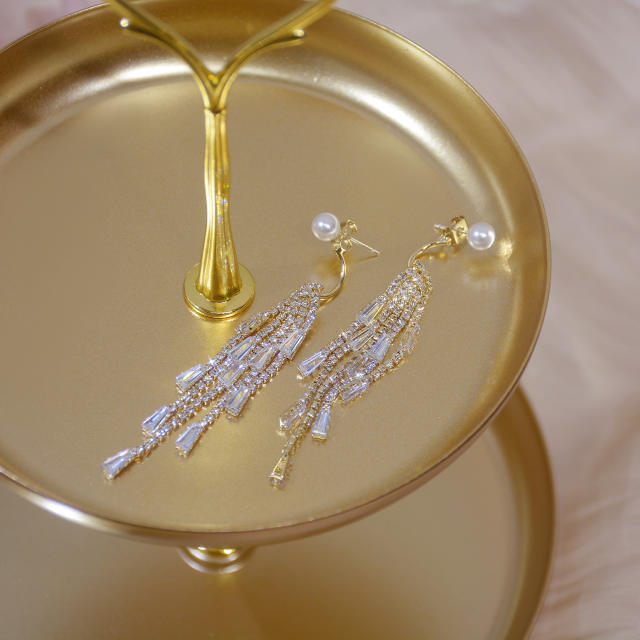 925 needle elegant diamond tassel pearl jacket earrings