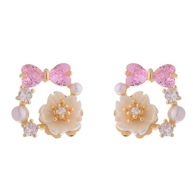 Chic pink bow shell flower circle studs earrings