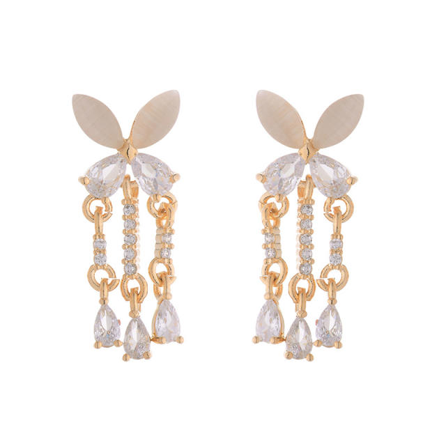 Delicate opal stone butterfly diamond tassel copper earrings