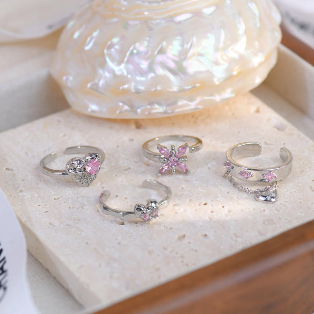 Delicate silver color pink cubic zircon heart bow earrings rings