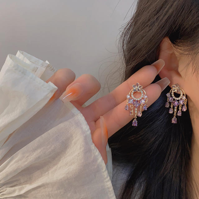 Delicat amethyst cubic zircon flower tassel copper earrings