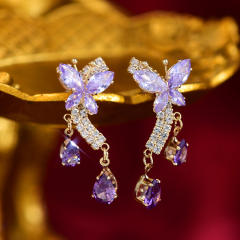 Delicate pink amethyst cubic zircon butterfly copper earrings