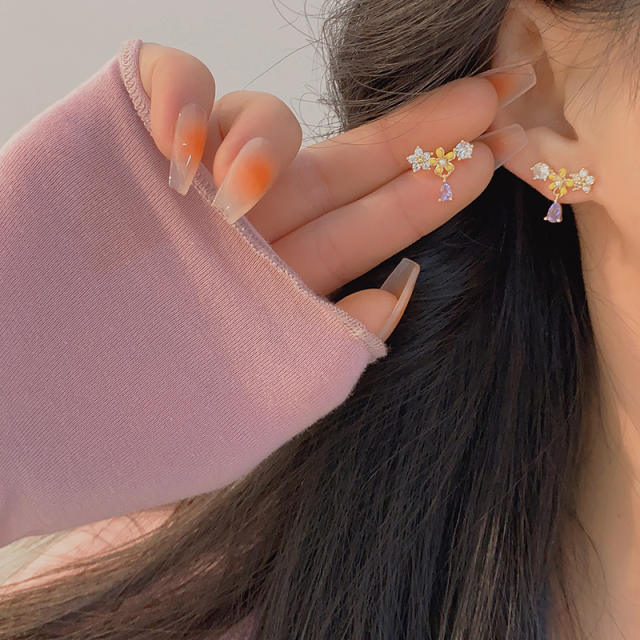 Delilcate amethyst drop flower copper studs earrings