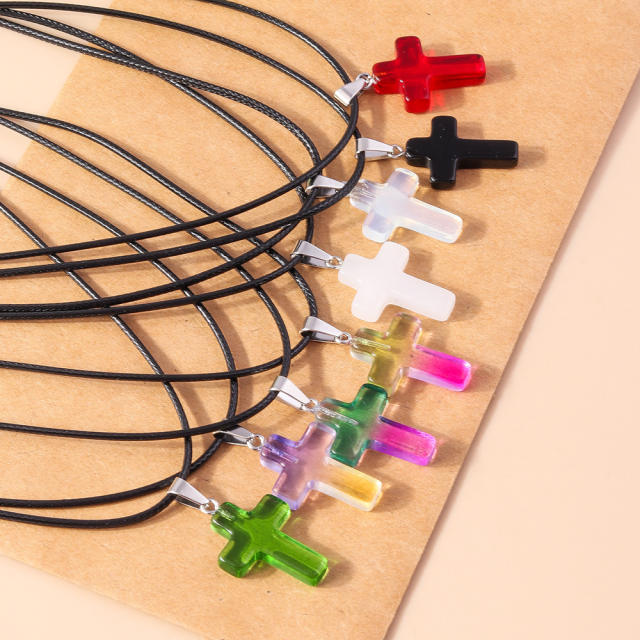 Y2K colorful cross pendant black leather cord necklace