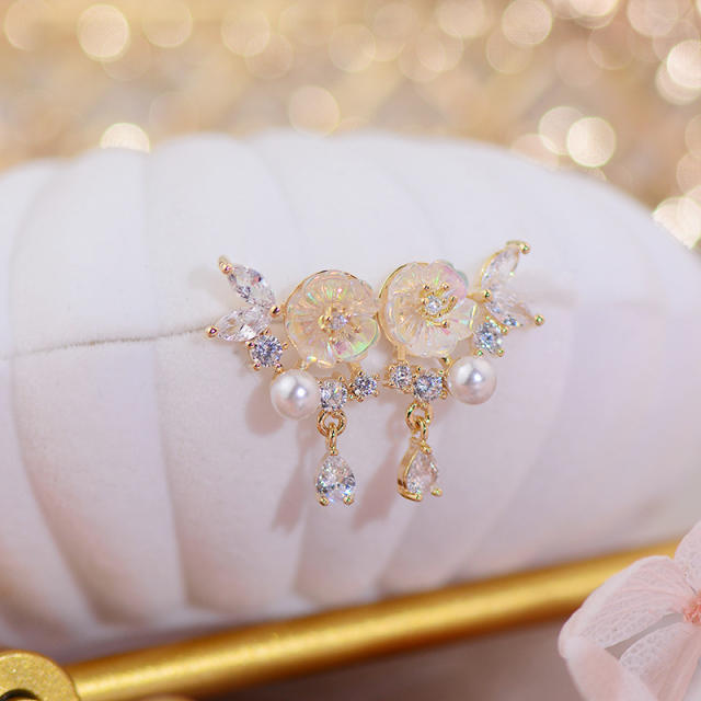 Korean fashion blooming flower cubic zircon drop earrings