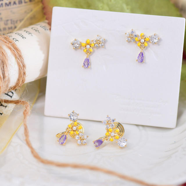 Delilcate amethyst drop flower copper studs earrings