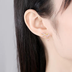 925 sterling silver pink cubic zircon sweet bow tiny studs earrings