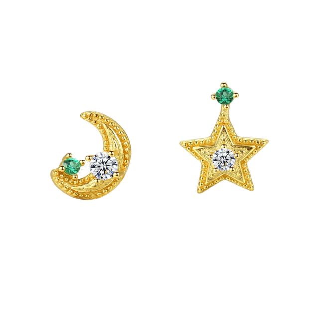 925 sterling silver 18K moon star Asymmetric earrings