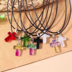 Y2K colorful cross pendant black leather cord necklace