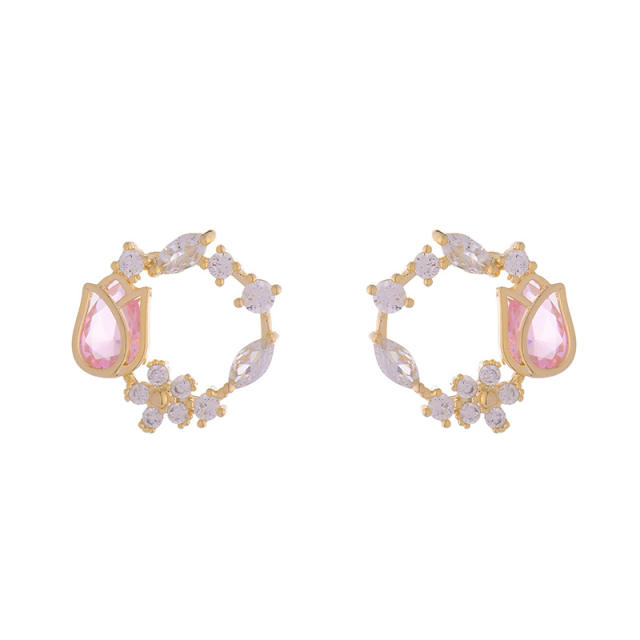 Sweet pink color tulip cubic zircon circle copper studs earrings