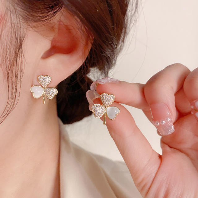 Delicate diamond mother shell clover copper studs earrings