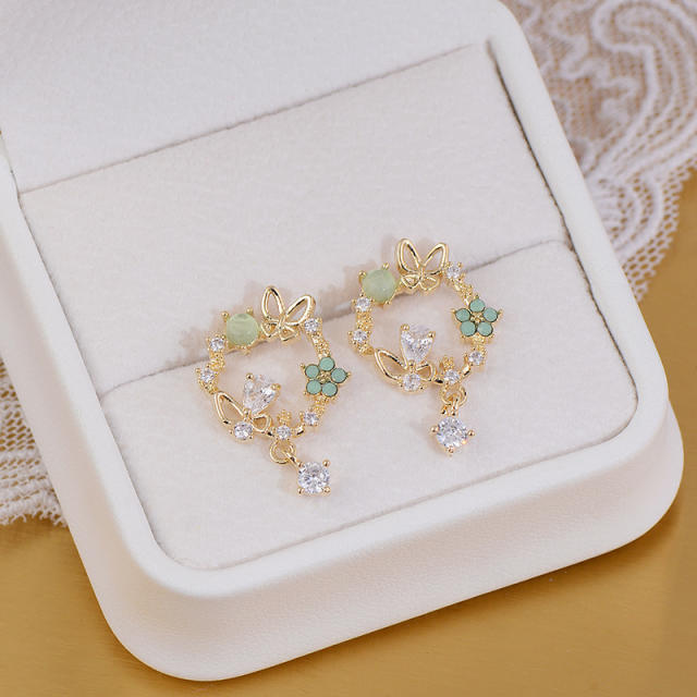 Korean fashion fresh green color flower circle drop earrings