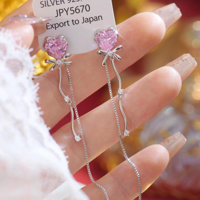 Summer pink cubic zircon heart silver long tassel earrings