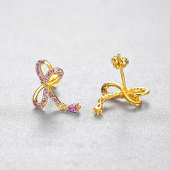 925 sterling silver pink cubic zircon sweet bow tiny studs earrings