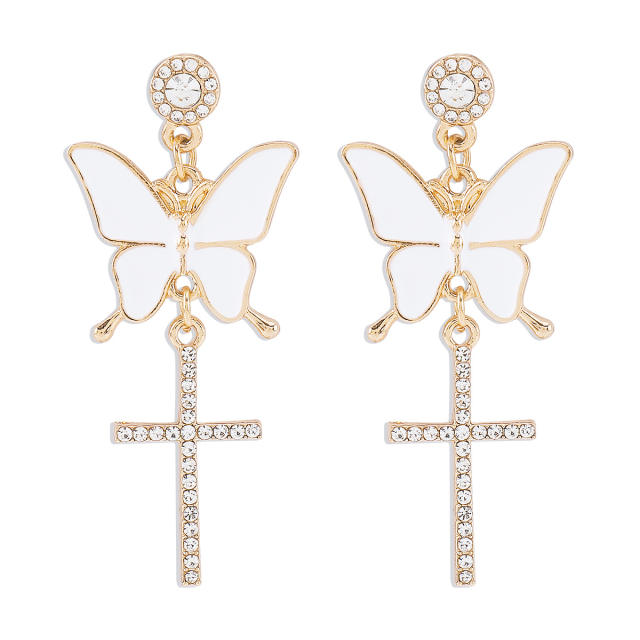 Y2K sweet color enamel butterfly shiny cross dangle earrings