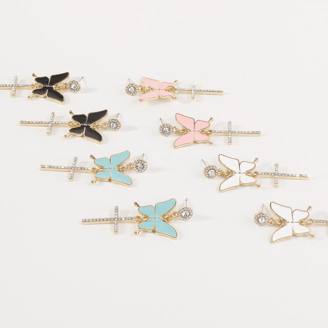 Y2K sweet color enamel butterfly shiny cross dangle earrings