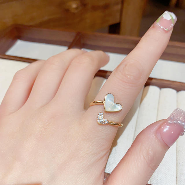 Delicate mother shell diamond heart copper adjustable rings