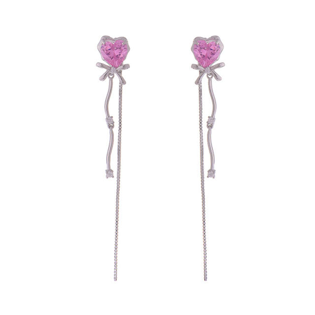 Summer pink cubic zircon heart silver long tassel earrings