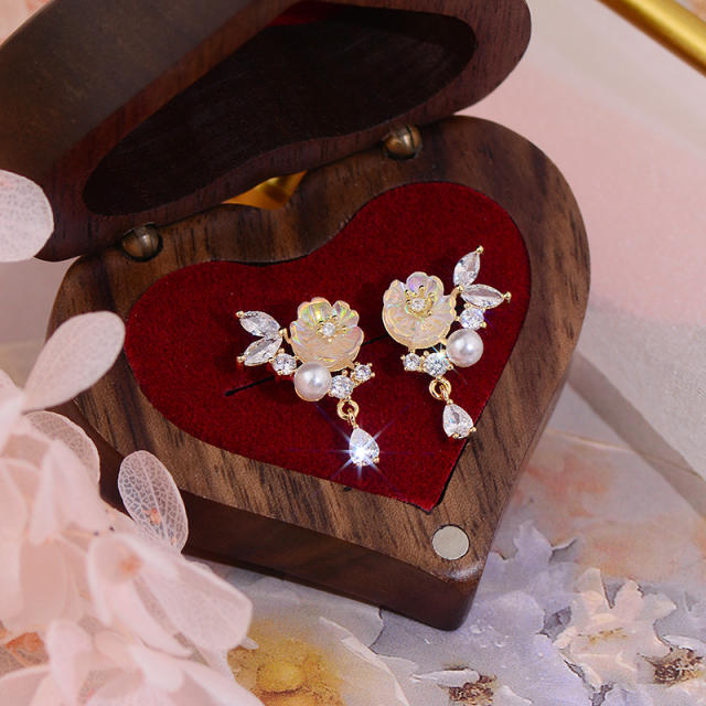 Korean fashion blooming flower cubic zircon drop earrings