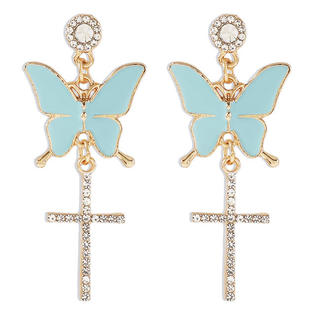 Y2K sweet color enamel butterfly shiny cross dangle earrings