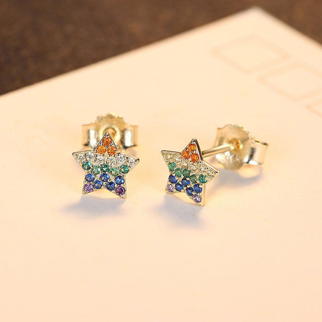 925 sterling silver rainbow cz pave setting star tiny studs earrings