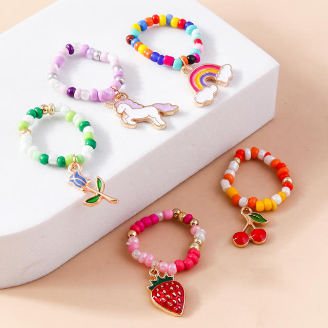 Y2K sweet boho seed bead cherry rainbow elastic stackable rings