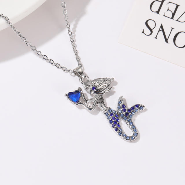 Color rhinestone mermaid pendant alloy necklace