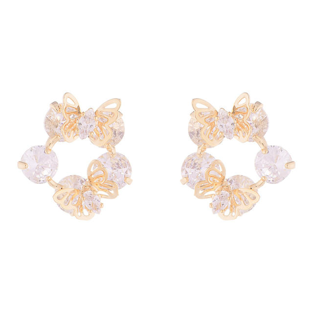 Delicate cubic zircon butterfly circle studs earrings