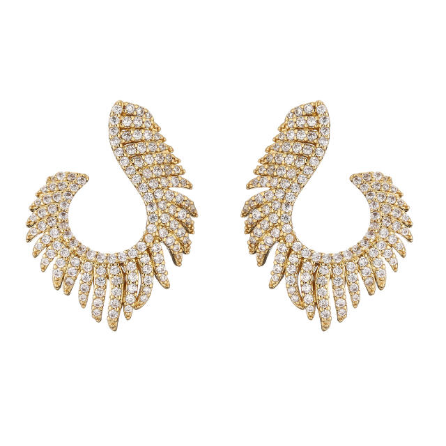 Luxury gold plated copper full diamond feather chunky earrings