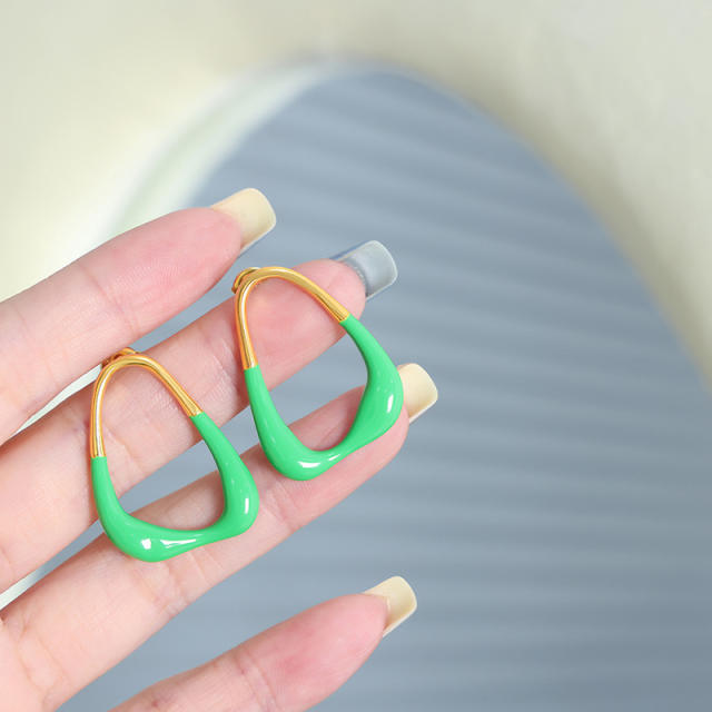 Fresh green color enamel geometric shape stainless steel earrings