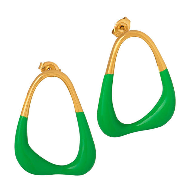 Fresh green color enamel geometric shape stainless steel earrings