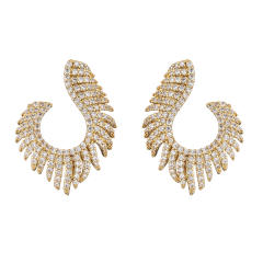 Luxury gold plated copper full diamond feather chunky earrings