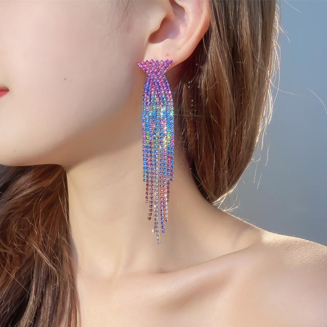 Luxury colorful rhinestone diamond tassel long earrings