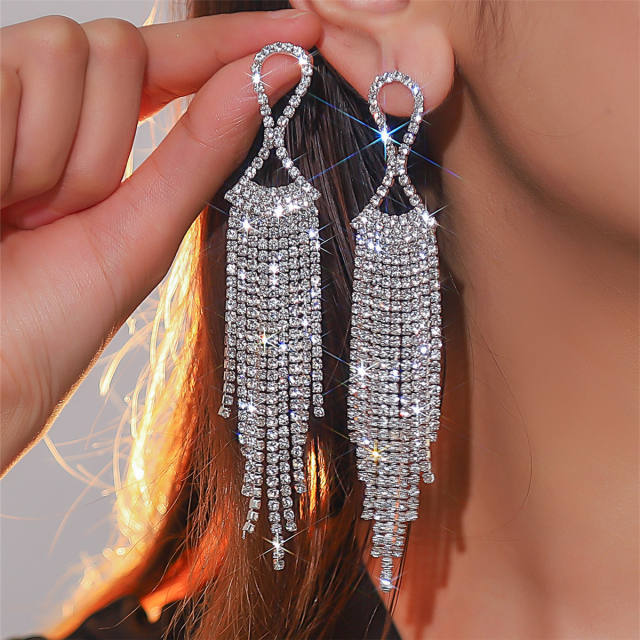 Delicate full rhinestone tasssel wedding earrings