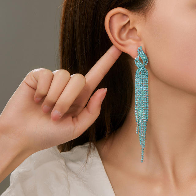 Delicate colorful rhinestone tassel long party earrings